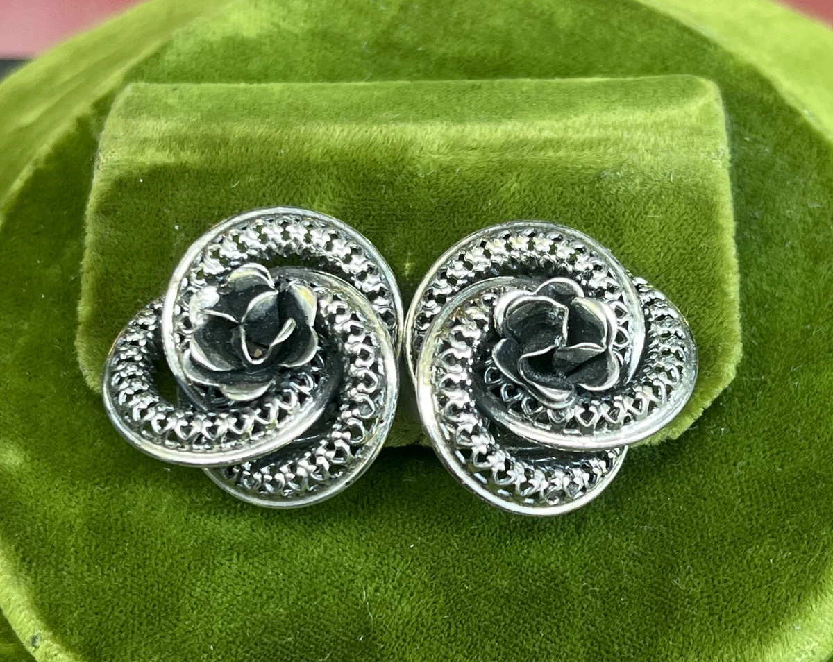 Vintage Danecraft Sterling Silver Clip Earrings Mesh Circles