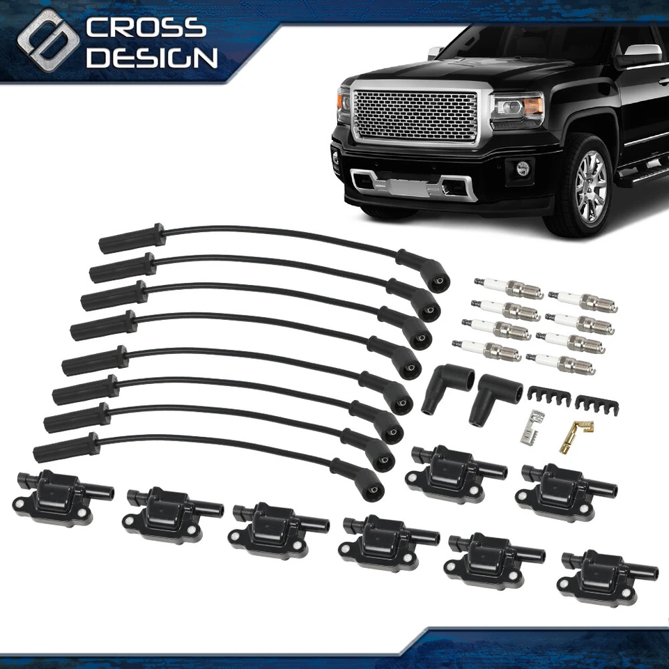 Bobina de encendido cuadrada de 8 piezas + bujía + kit de cables apto para Chevy Silverado 1500 GMC Foto 2 de 4