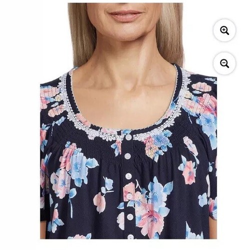 Aria Cotton Blend Nightgown BLUE Floral Round Neck hidden Side Pockets 4x