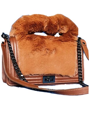 Tasche Handtasche Damen Echt Leder Cognac Fell klein Umhängetasche Kette