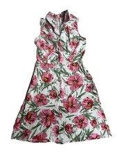 T Tahari Dress Womens 8 Floral Linen Blend Sleeveless Sundress Fit Flare Pink
