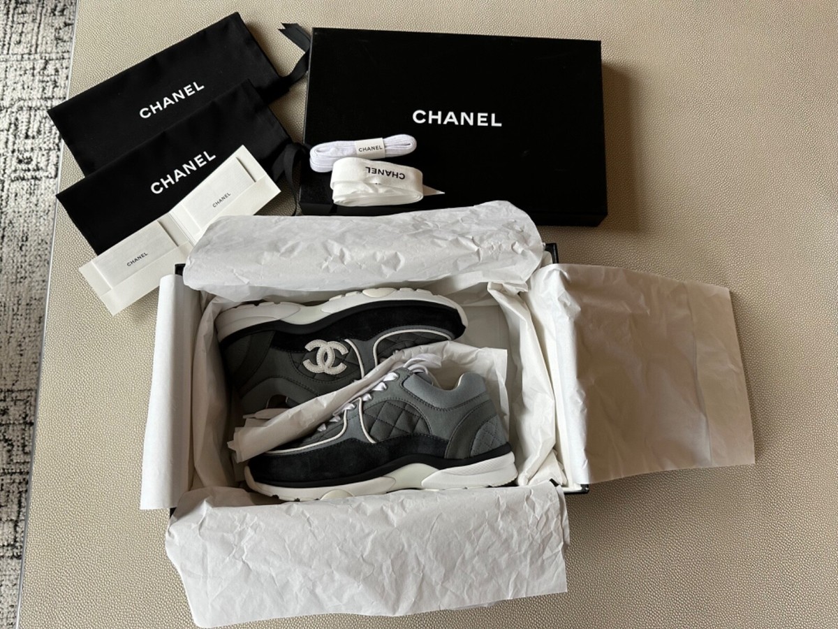 NIB 100%Auth CHANEL 23S Dark Gray Fabric & Suede Calfskin Sneakers