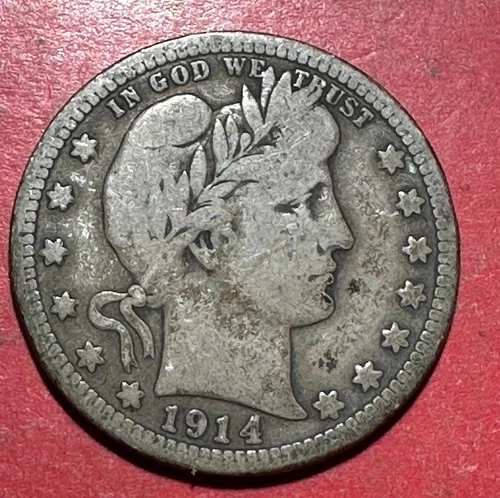 1914 US Barber SILVER Quarter "Philadelphia" Mint! VG+ Old US Coin!