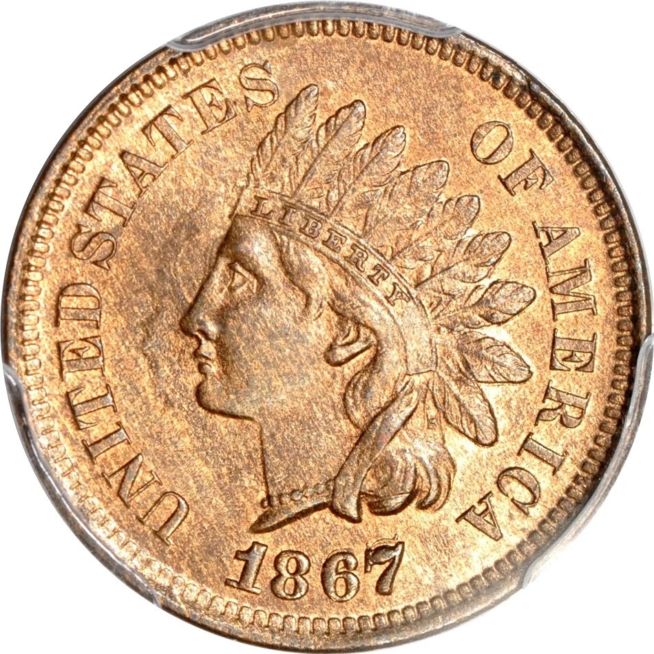 1867/67 1C Snow-1 Indian Cent PCGS MS65RB (PHOTO SEAL & CAC)