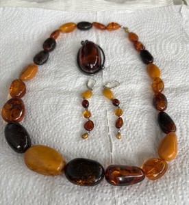 Lot Of 3: Large Vtg 925 Russian Amber P Earrings, Brooch, Necklace Set