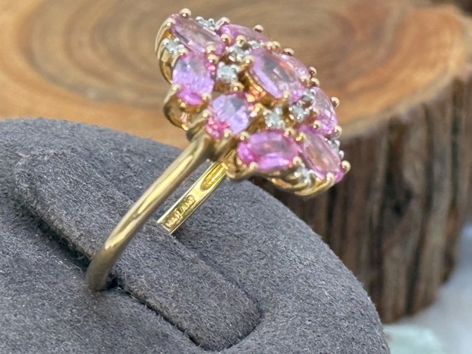 10K Solid Yellow Gold Pink Sapphire & Diamond Cluster Ring sz 7-KBB172.25 - Image 3 of 4