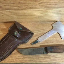 RARE KINFOLKS INTERCHANGEABLE HATCHET & FIXED BLADE KNIFE w/  SHEATH MINTY 1940s