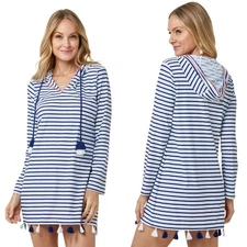 Cabana Life Navy Blue Stripe Hooded Cover Up Dress Top Tassel Womens Size Medium