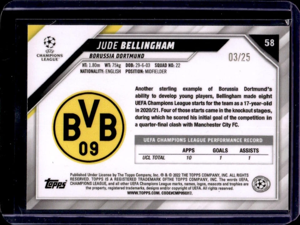 2021 Topps Chrome Sapphire UEFA Jude Bellingham Refractor Purple #3/25 Dortmund - Image 2 of 2