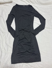 Express Bodycon Dress XS Gray Ruched Knit Scoop Neck Long Sleeve Knee Length