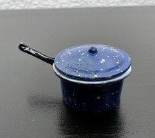 Vtg Dollhouse Miniature Pot and Lid Blue White Speckle Enamel Cookware Camping