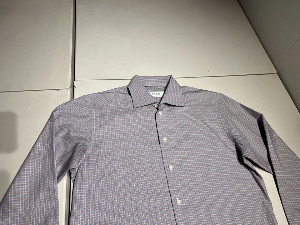 Camisa ETON Para Hombre 40 15 3/4 Azul Púrpura Cuadros Vestido Contemporáneo Algodón Abotonado Foto 2 de 4