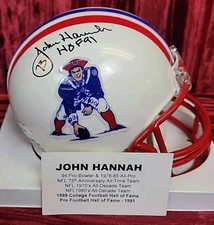 JOHN HANNAH NE PATRIOTS HOF 91' COA TRISTAR AUTO Signed AUTOGRAPH Mini Helmet