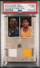 2002 SP MICHAEL JORDAN MAGIC JOHNSON GAME USED DUAL PATCH /100 PSA 9 MINT JERSEY