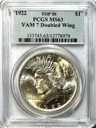 1922 Peace Dollar VAM 7 Doubled Wing Top 50 - PCGS MS63 - Silver $1 Variety Coin