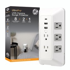 GE 8-Outlet Surge Protector with USB, Outlet Extender, 2 USB-A, 1 USB-C, Adapter