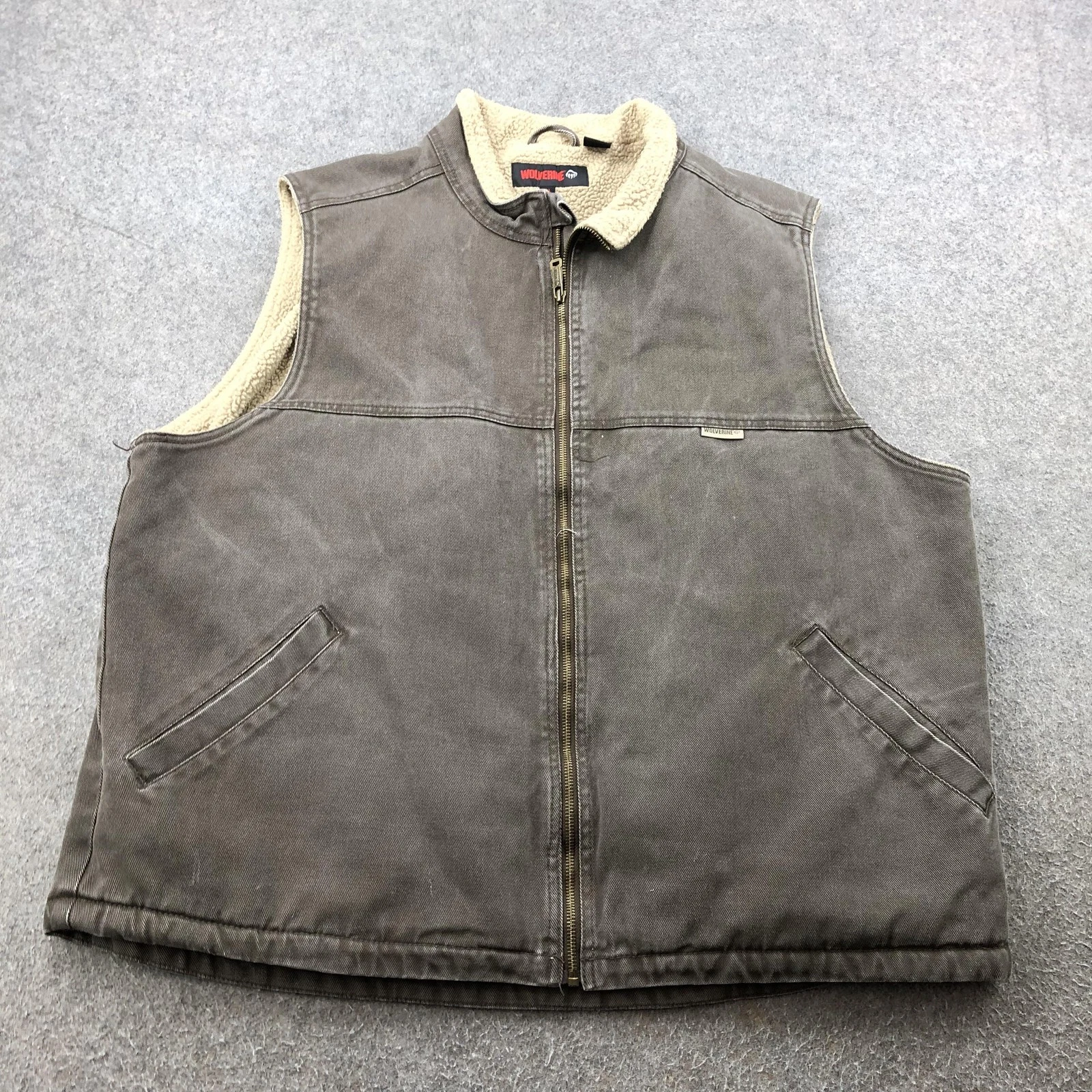 Wolverine Vest Mens 2XL Brown Canvas Work Sherpa Lined Zip Pockets Outdoor