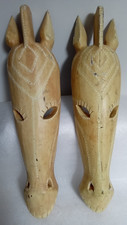 Vintage Hand Carved Wooden African Zebra Wall Masks. PAIR.