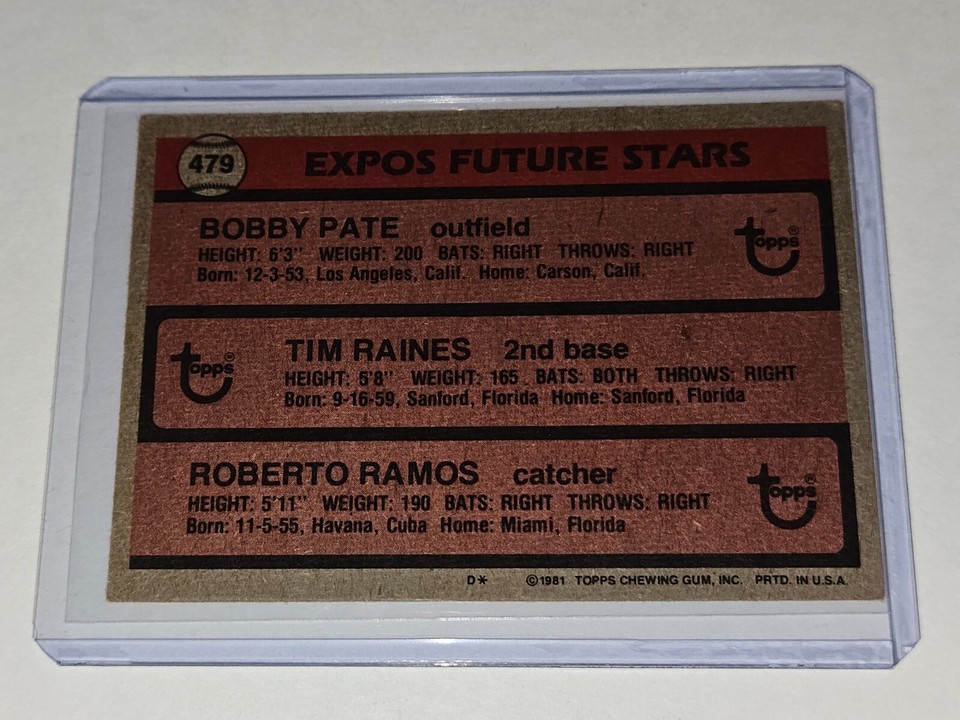 Tim Raines 1982 Topps 479 Rookie Baseball Card Montreal Expos B Pate/R