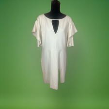 HALSTON Elegant Classy White Dress Size 14 Deep V-neckline W/ Ruffled Sleeve