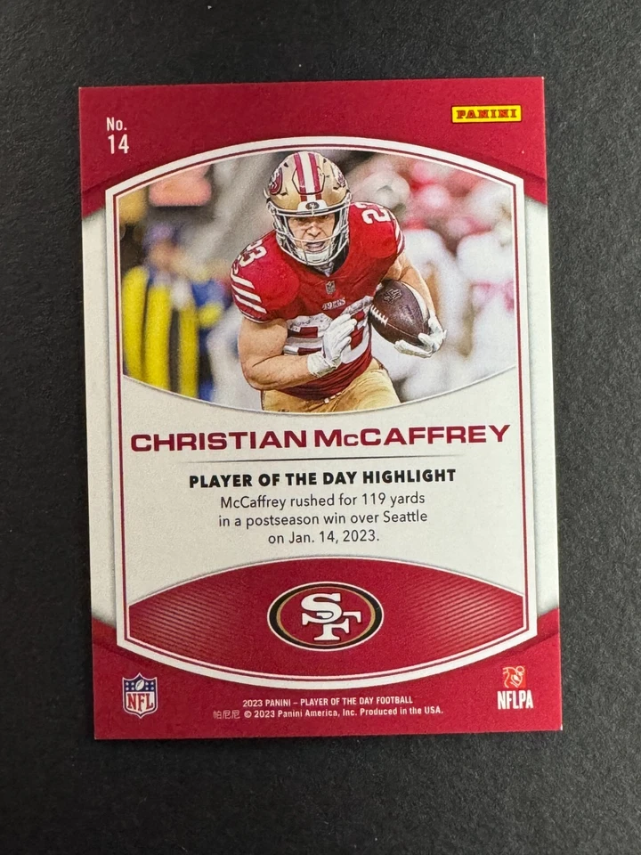 Christian McCaffrey 2023 Panini Player of the Day Red /99 #14 49ers - Image 2 of 2