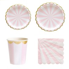 Pink White Party Tableware Disposable Dinnerware Paper Plates Cups Napkins Straw