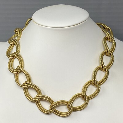 Metal Linked Necklace Gold Tone Textured Double Loop Collar Chunky Classic 16''