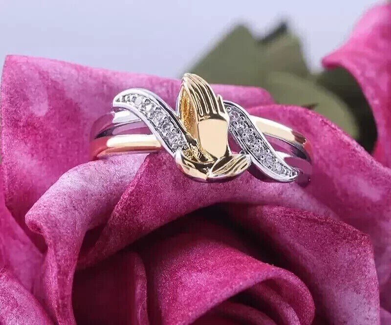 Round Cut Lab-Created Diamond Praying Hand Ring 14K Two