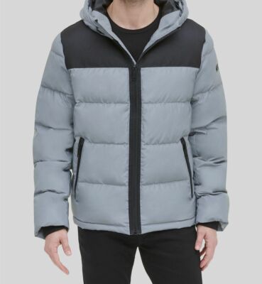 $225 DKNY Men's Gray Water-Resistant Hooded Front Zip Puffer Coat Jacket Size L