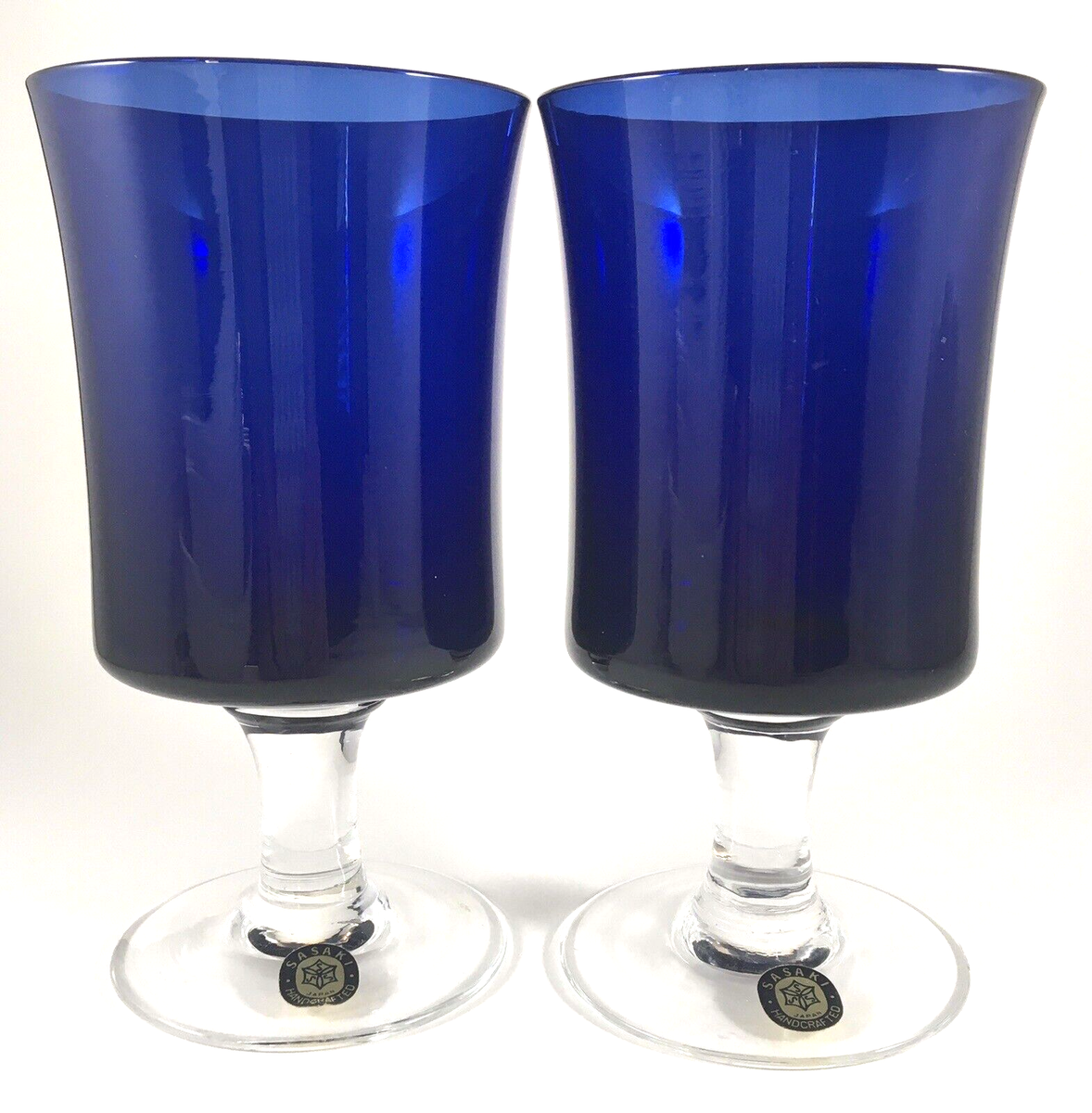 Cobalt Blue Goblets Sasaki Crystal Wine Glasses Clear Stem 12oz Label SAS5  Japan