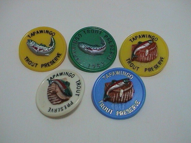 LOT /5 TAPAWINGO MISSOURI LAKE SONOMA TROUT FISH PRESERVE CLUB FISHING PINS