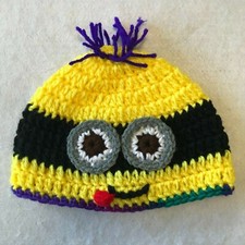 Minion Crocheted Youth Hand Made Beanie 2 Brown Eyes, Red Tongue,  Purple Hair