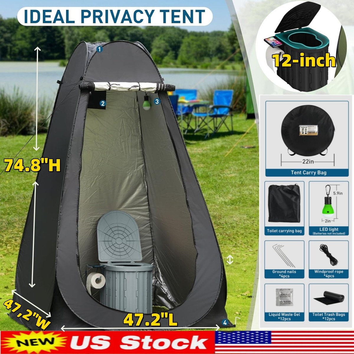 Outdoor Portable Toilet with Instant Pop Up Tent Privacy Camping