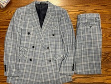 Men s Vintage Glen Plaid Double Breasted Suit Gray Blue Jacket Pants