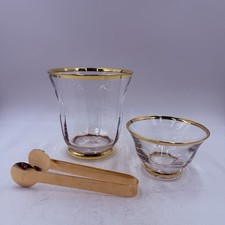 Aerin Lauder Handblown Crystal Sophia Ice Bucket, Bowl, Tongs 24K Gold Trim