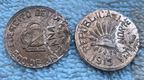 1915 MEXICO 2 CENTAVOS COIN EJERCITO DEL NORTE JALISCO TWO STRUCK  ERROR