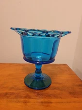 Vtg. Imperial Glass Antique Blue Footed Candy/Compote Dish Lace edge STUNNING!