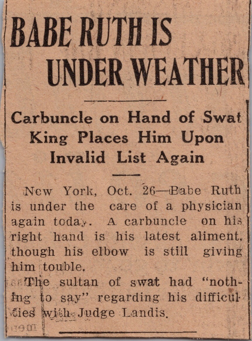 1921 Babe Ruth Sick Report Swat King Injury News Baseball Clipping ...