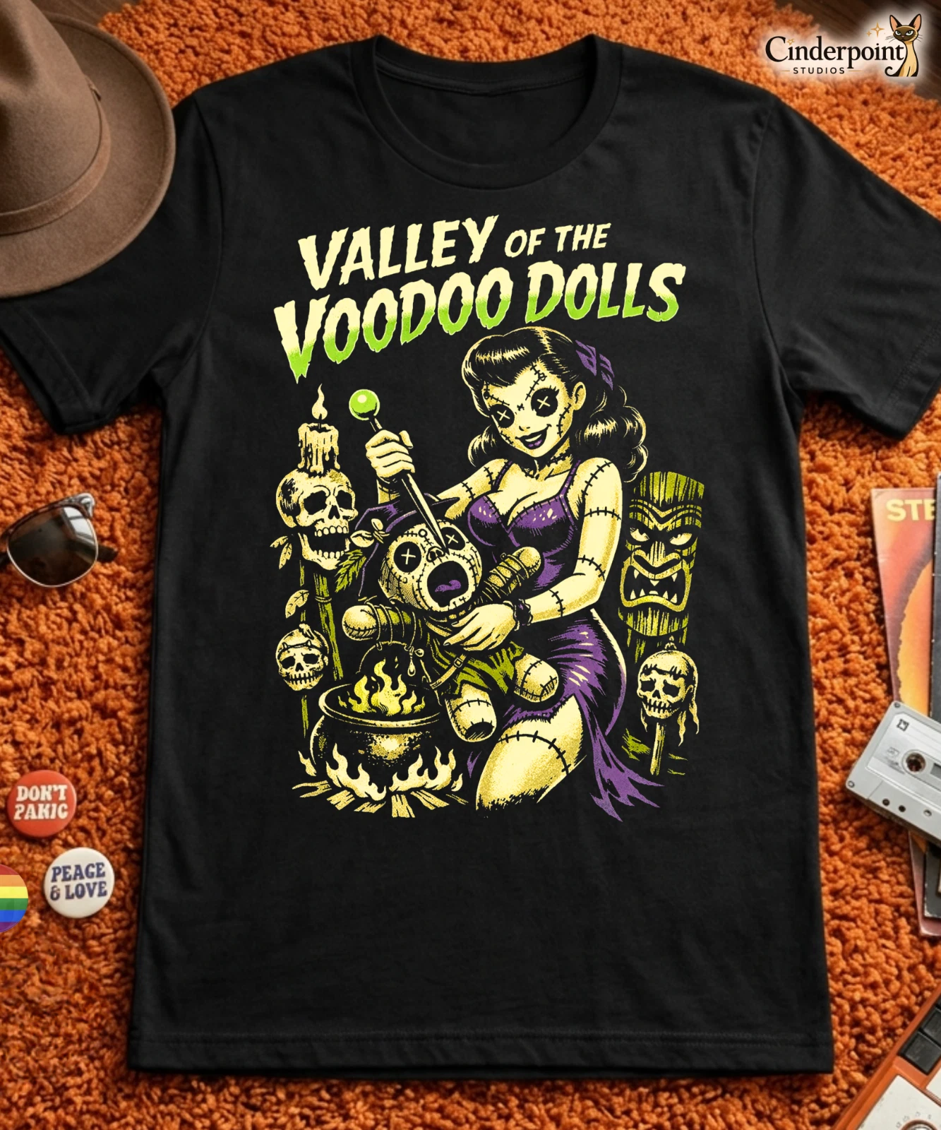 Valley of the Voodoo Dolls T-Shirt Funny Pinup Girl Horror Tiki Goth Tee XS-5X