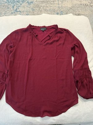 Fortune + Ivy Collin Mixed Material Ruffle Sleeve Blouse Burgundy Size Large E76