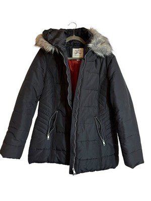 Maralyn & Me Black Quilted Hooded Fur Trim Puffer Jacket XL with Pockets