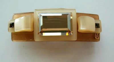 Alexandre de Paris Barrette Beige Rectangular Rhinestones Hair Clip France Used