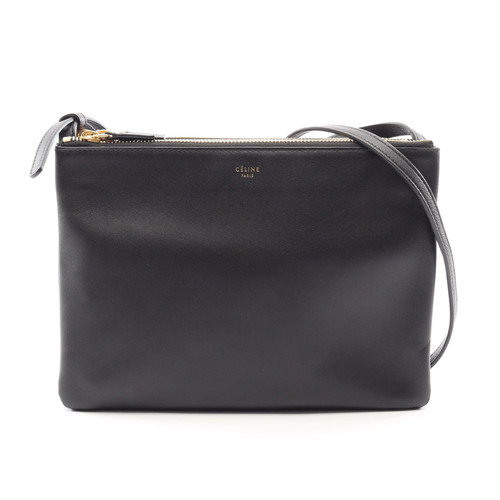 CELINE TRIO LARGE Leather Shoulder Bag Black Used Authentic