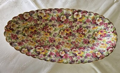 James Kent Du Barry Chintz Celery Tray Cucumber Dish England 12.5 Floral Gold
