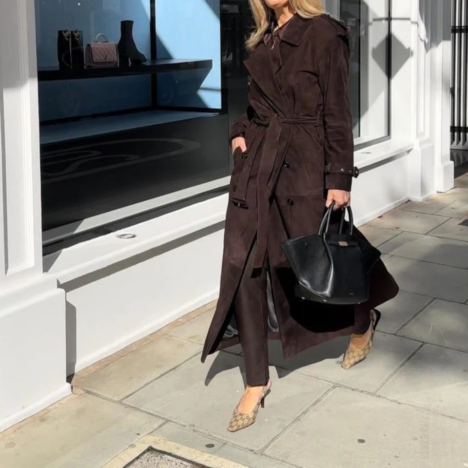 Women’s Brown Suede Leather Trench Coat | Vintage Genuine Suede Outerwear - Imagem 4 de 4