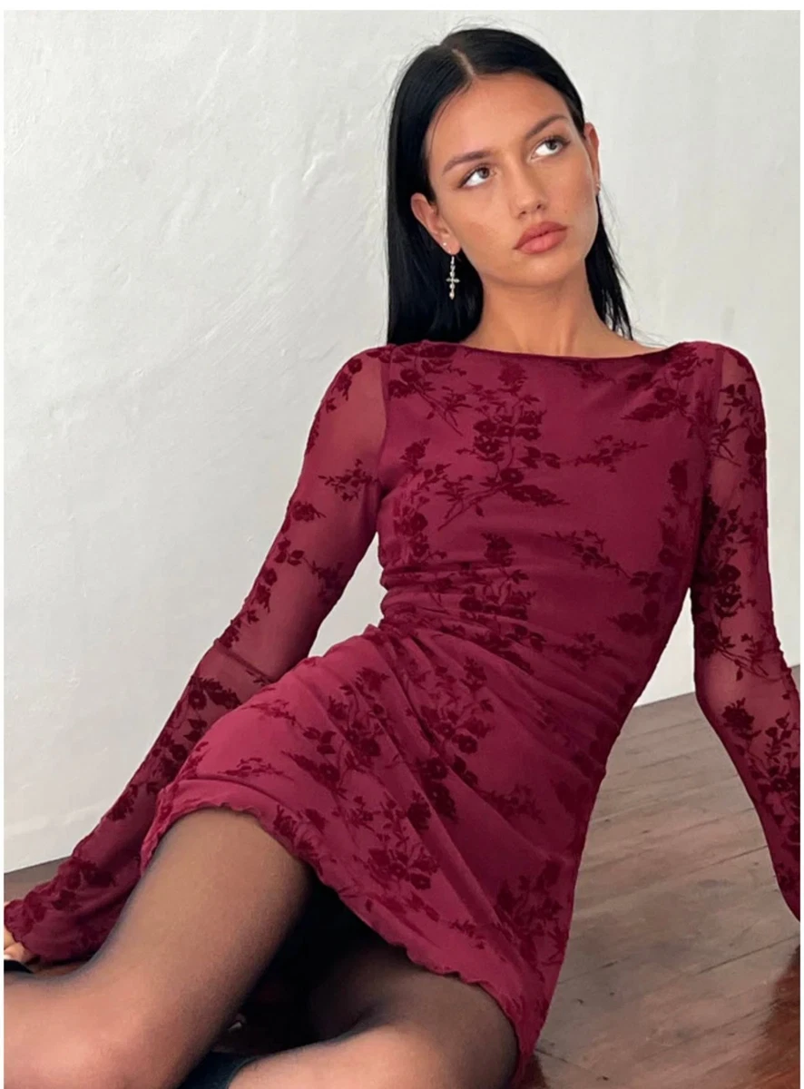 sevila long sleeve mini dress in flocked botanical flower maroon Mini Dress Bell Sleeve Burgundy Dress Sevila Long Sleeve Mini Dress In Flocked  Botanical Flower Maroon