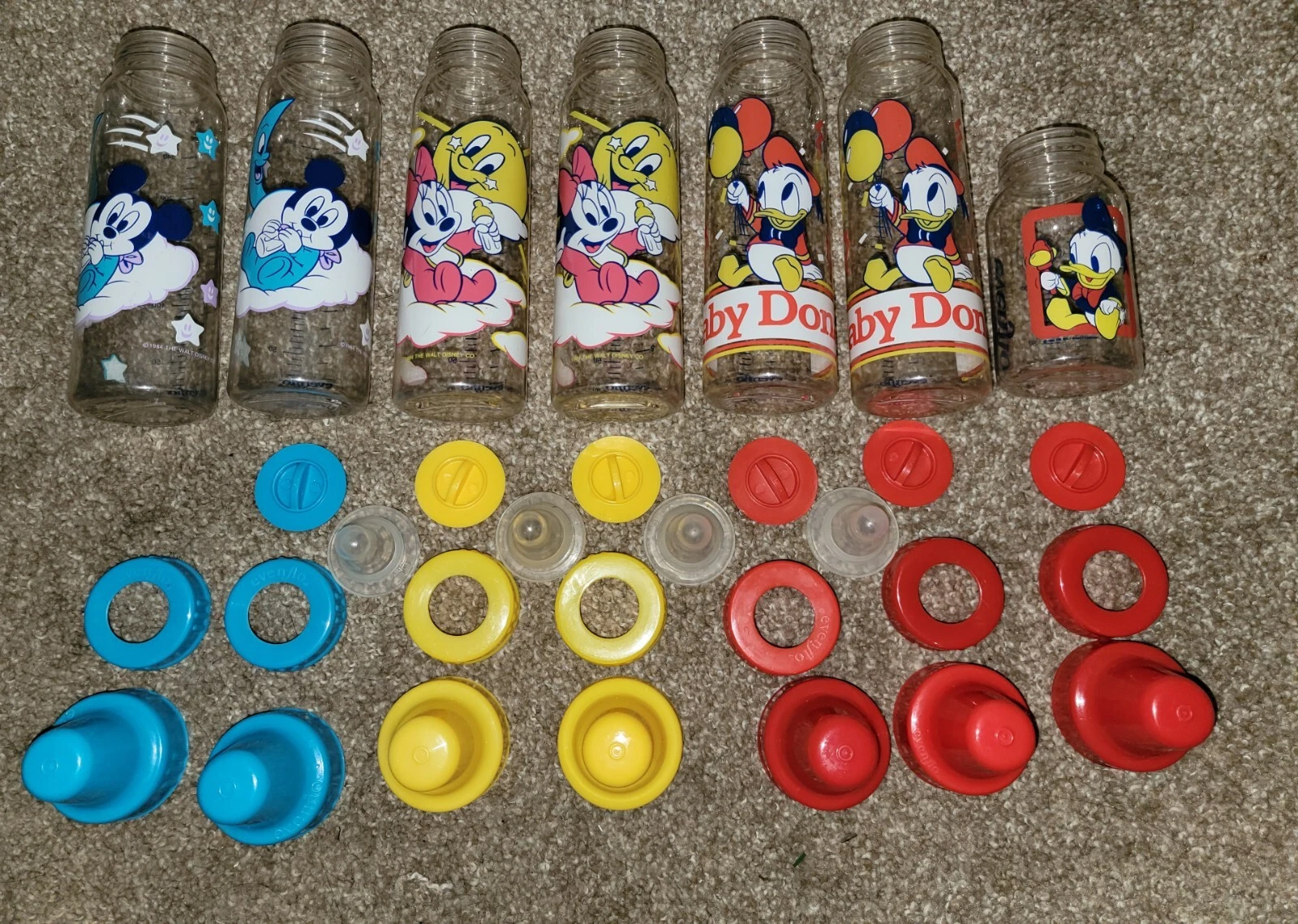 7 Vintage Rare Evenflo Baby Bottles Disney Mickey Minnie Donald 4oz 8oz 1990s