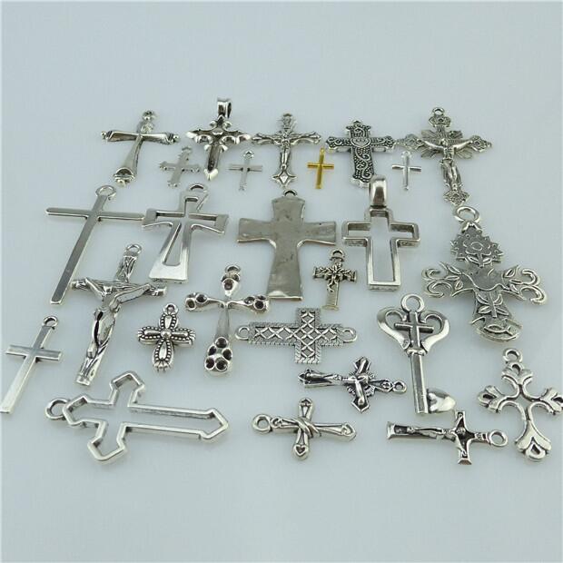 25* MIX Cross Pendant Vintage Antique Silver Tone Alloy Faith Religious Charm E