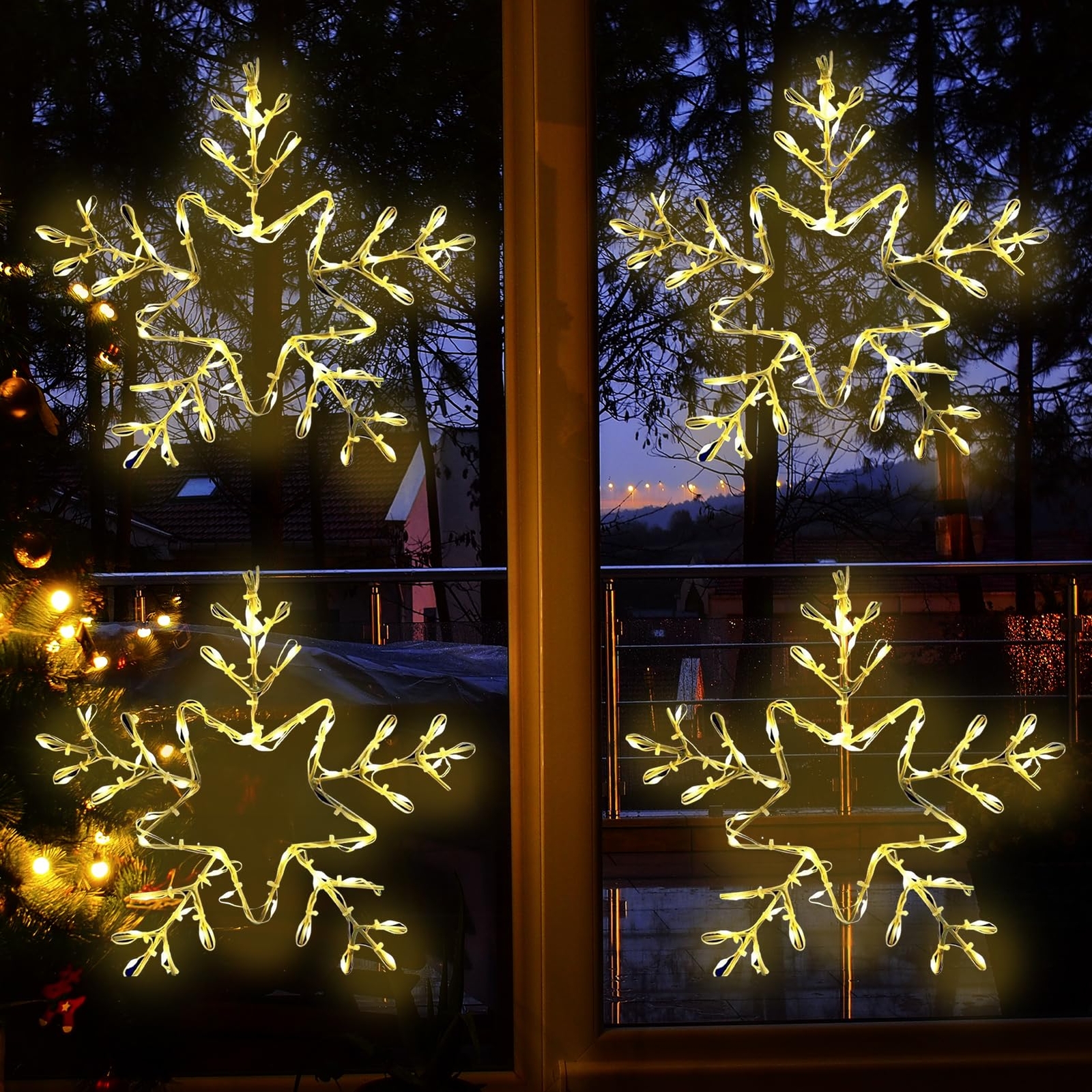 4 Pack Christmas Window Snowflake Lights, LED Hanging Decorations Iron Frame ...