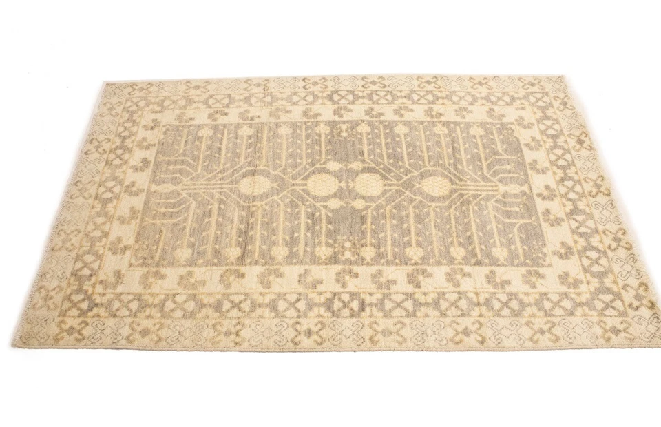 4X6 ft Handmade Khotan Muted Taupe Floral Rug Peshawar Pakistan Entryway Carpet - Image 4 of 4